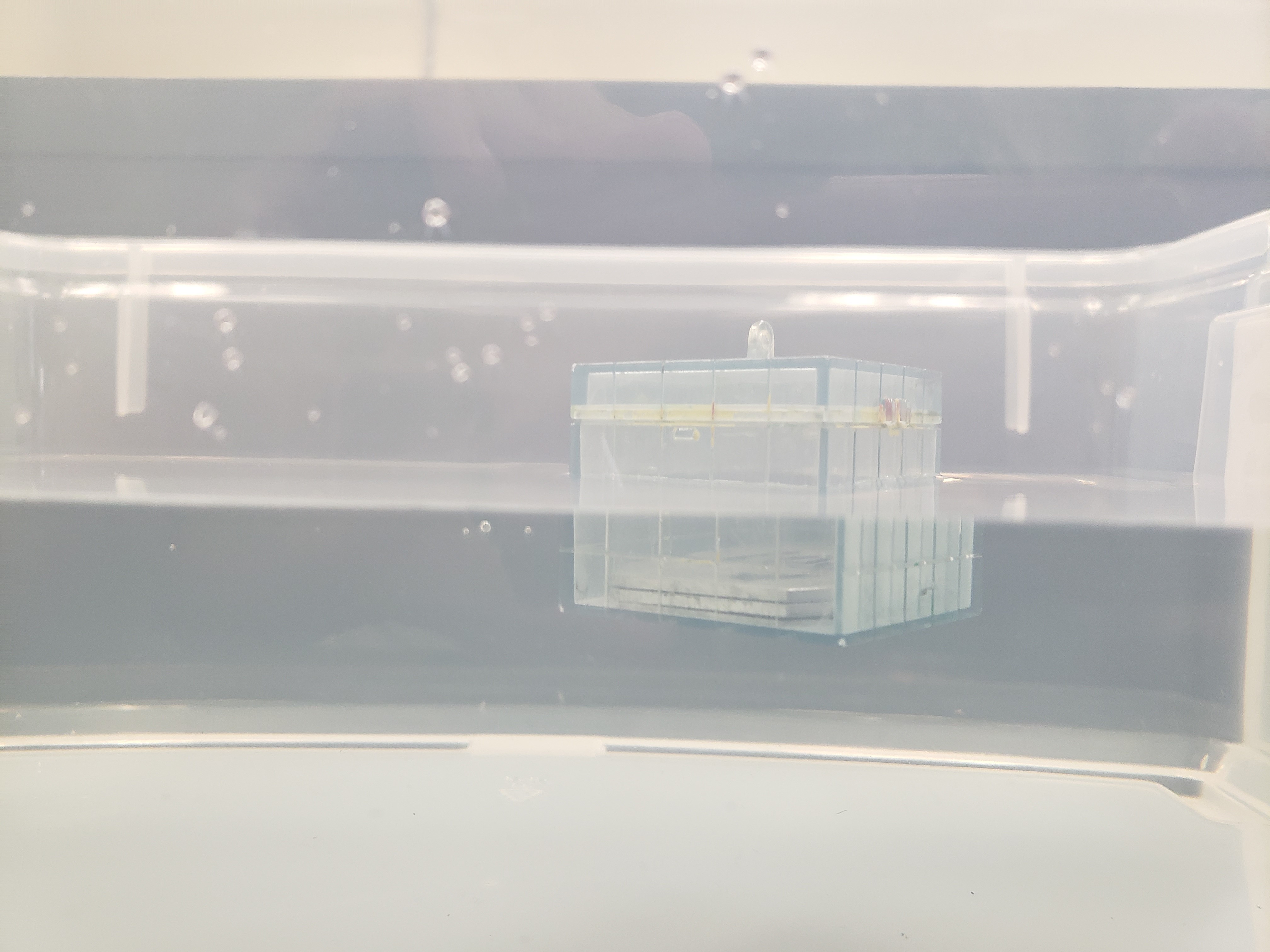 archimedes block filled with weights floating half in and half out of the water