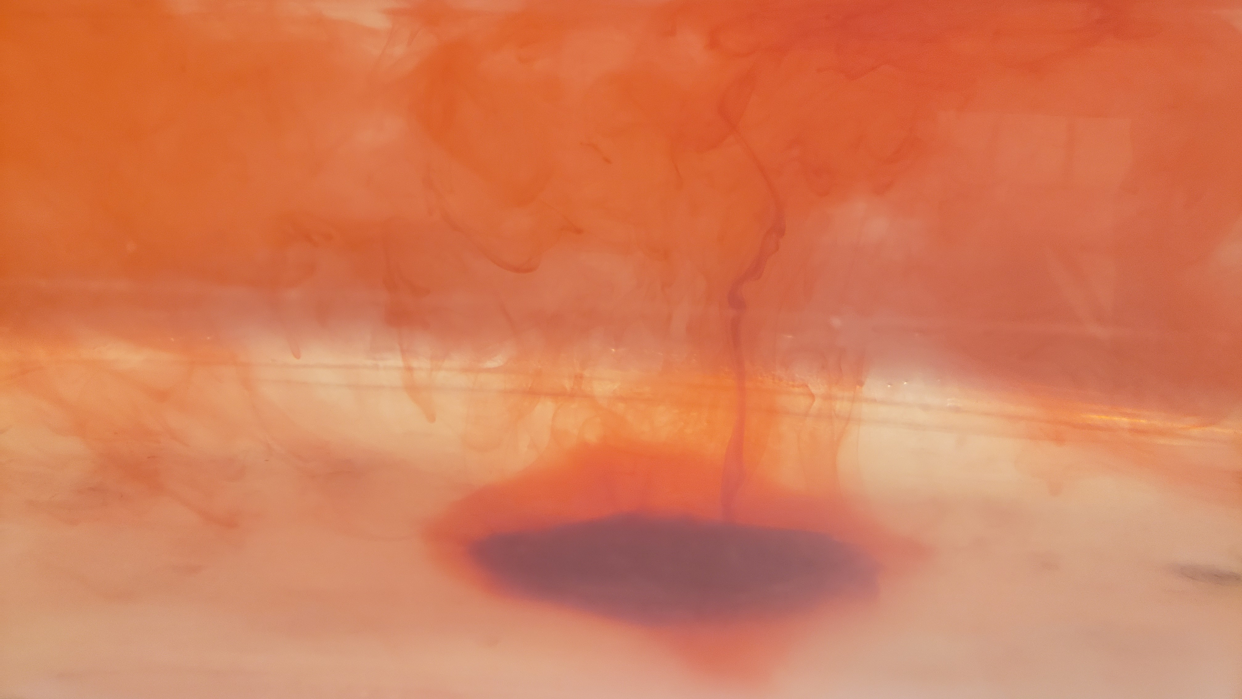 red food dye rising upwards in water with a darker concentration of the food dye in a circle in the middle