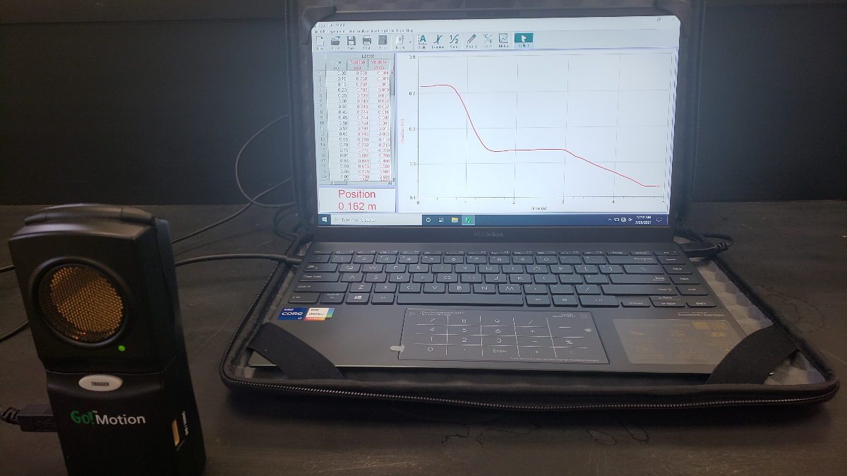 computer with graph of position-time on screen and a motion sensor to one side and plugged into the computer