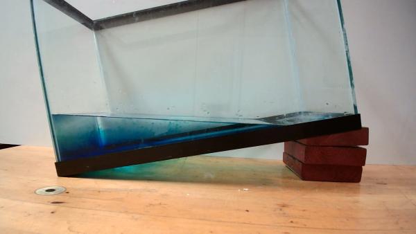 tank of water propped up at an angle with blue food dye along the bottom