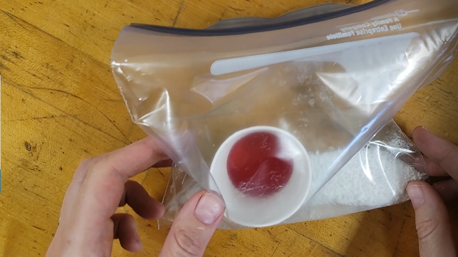 ziplock bag filled with red solution and white solid being held in two hands