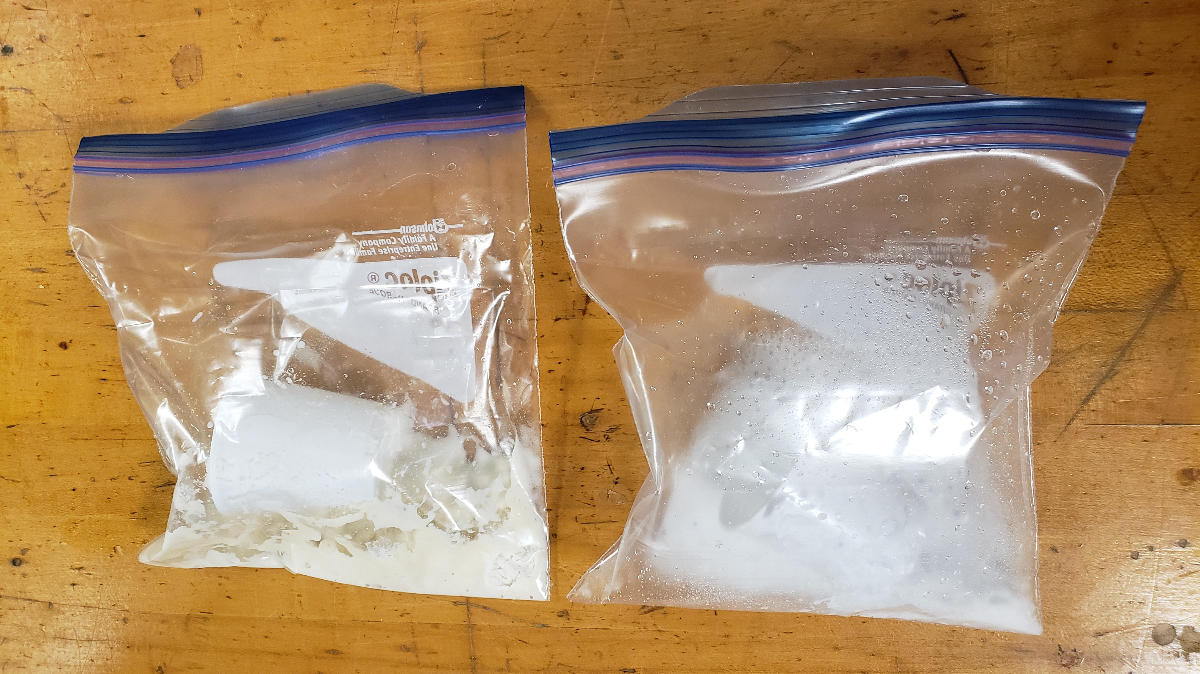 two ziploc bags, one containing flour and vinegar, the other containing baking soda and vinegar