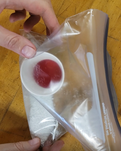 ziplock bag filled with red solution and white solid being held with two hands